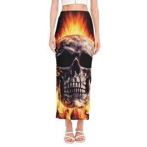 Flaming Skull And Cross Wrench Print Side Slit Maxi Skirt