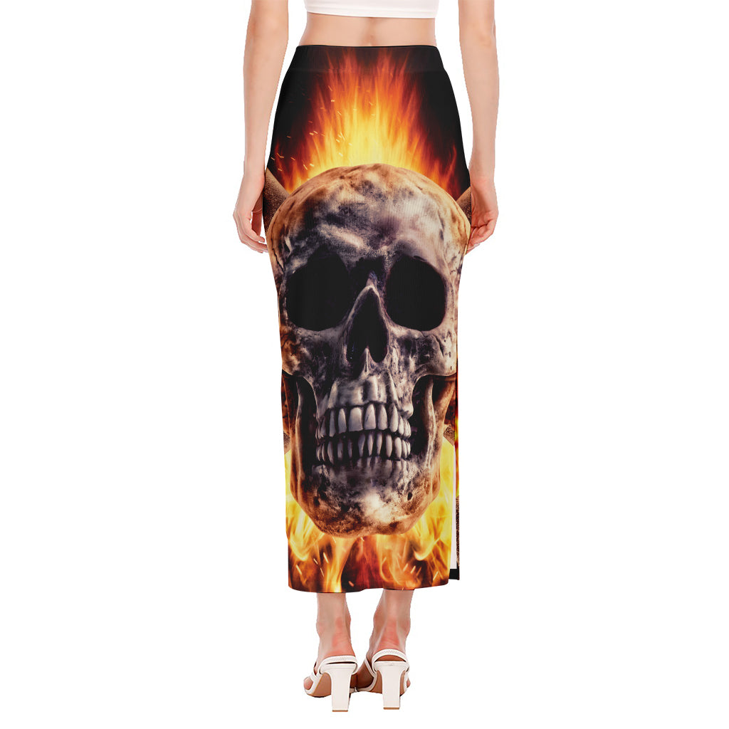 Flaming Skull And Cross Wrench Print Side Slit Maxi Skirt