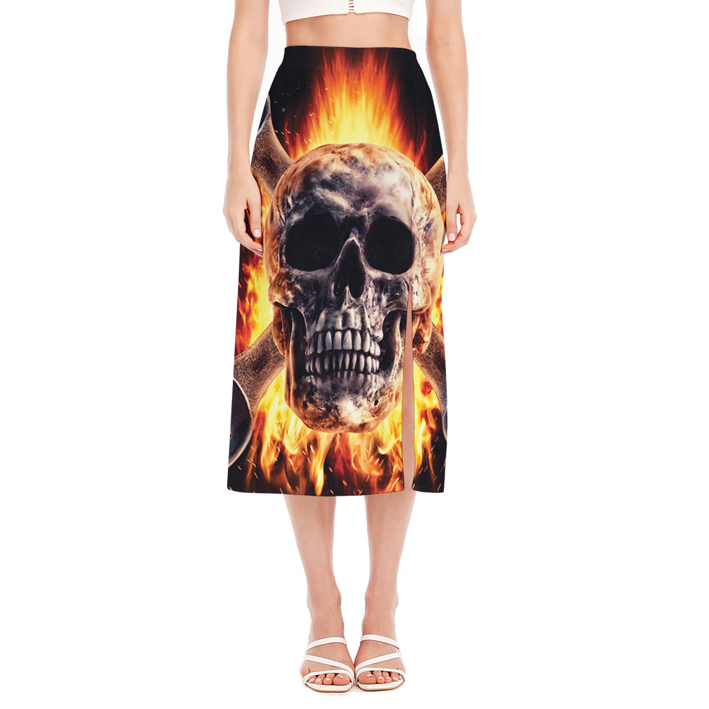 Flaming Skull And Cross Wrench Print Side Slit Midi Skirt