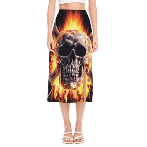 Flaming Skull And Cross Wrench Print Side Slit Midi Skirt