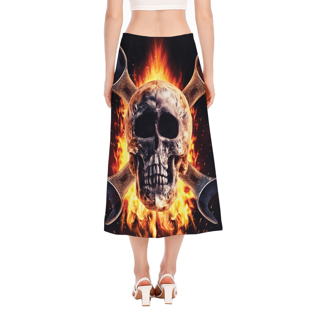 Flaming Skull And Cross Wrench Print Side Slit Midi Skirt