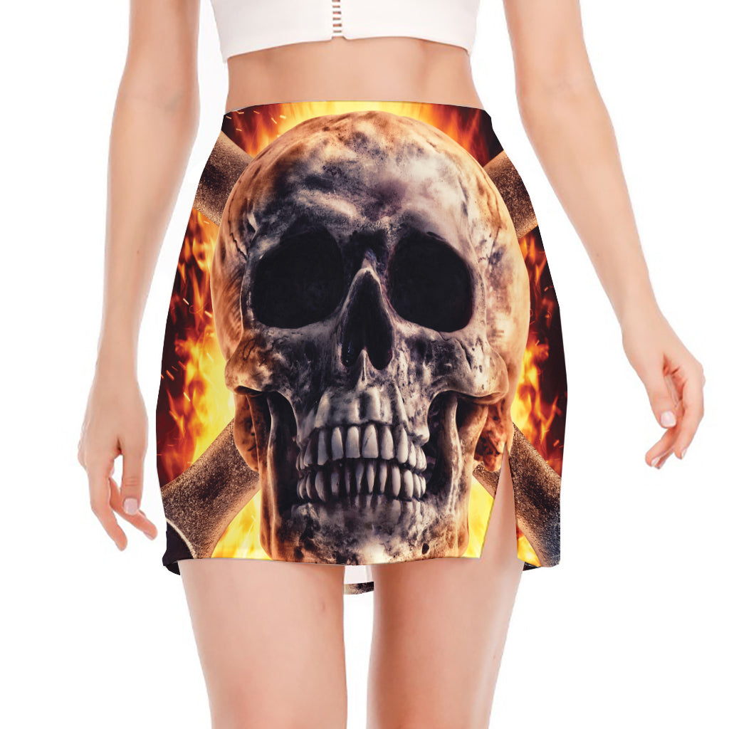 Flaming Skull And Cross Wrench Print Side Slit Mini Skirt