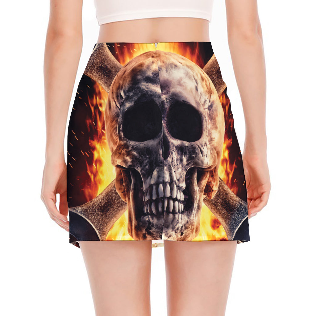 Flaming Skull And Cross Wrench Print Side Slit Mini Skirt