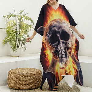 Flaming Skull And Cross Wrench Print Silk V-Neck Kaftan Dress