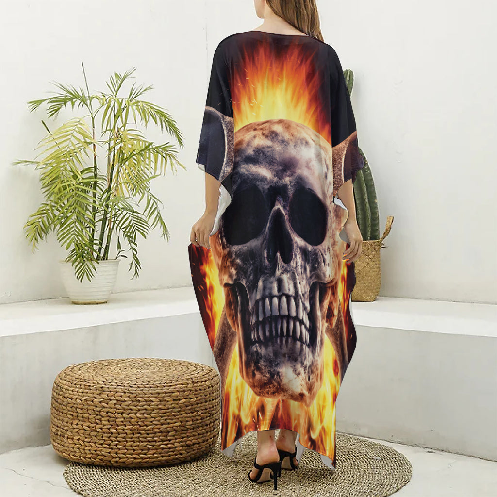 Flaming Skull And Cross Wrench Print Silk V-Neck Kaftan Dress