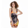 Flaming Skull And Cross Wrench Print Sleeveless Bodycon Dress