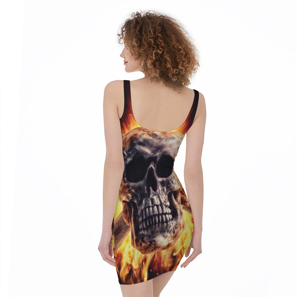 Flaming Skull And Cross Wrench Print Sleeveless Bodycon Dress