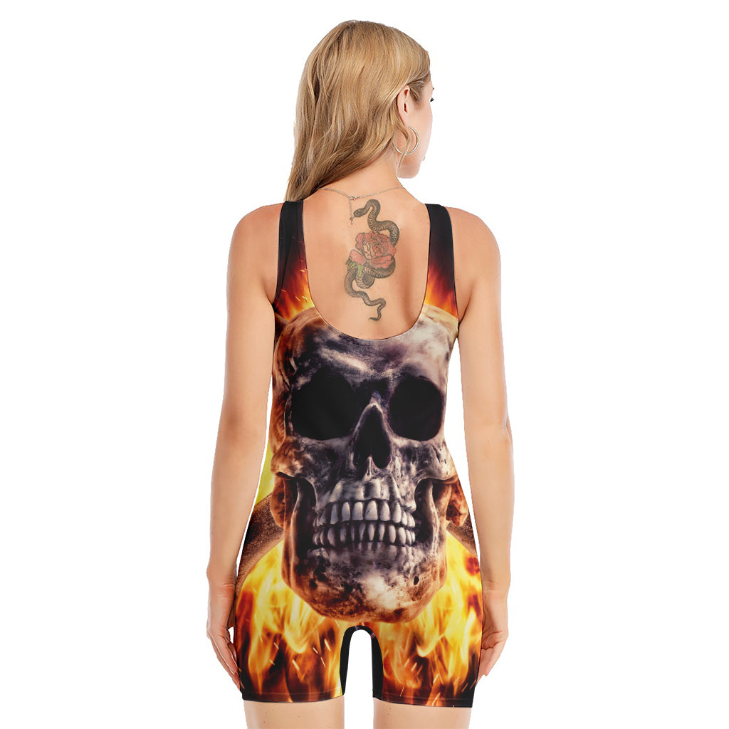 Flaming Skull And Cross Wrench Print Sleeveless One Piece Swimsuit