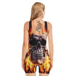 Flaming Skull And Cross Wrench Print Sleeveless One Piece Swimsuit