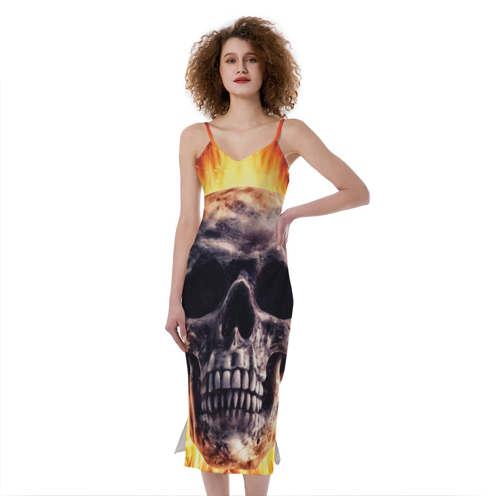 Flaming Skull And Cross Wrench Print Slim Fit Midi Cami Dress