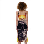 Flaming Skull And Cross Wrench Print Slim Fit Midi Cami Dress