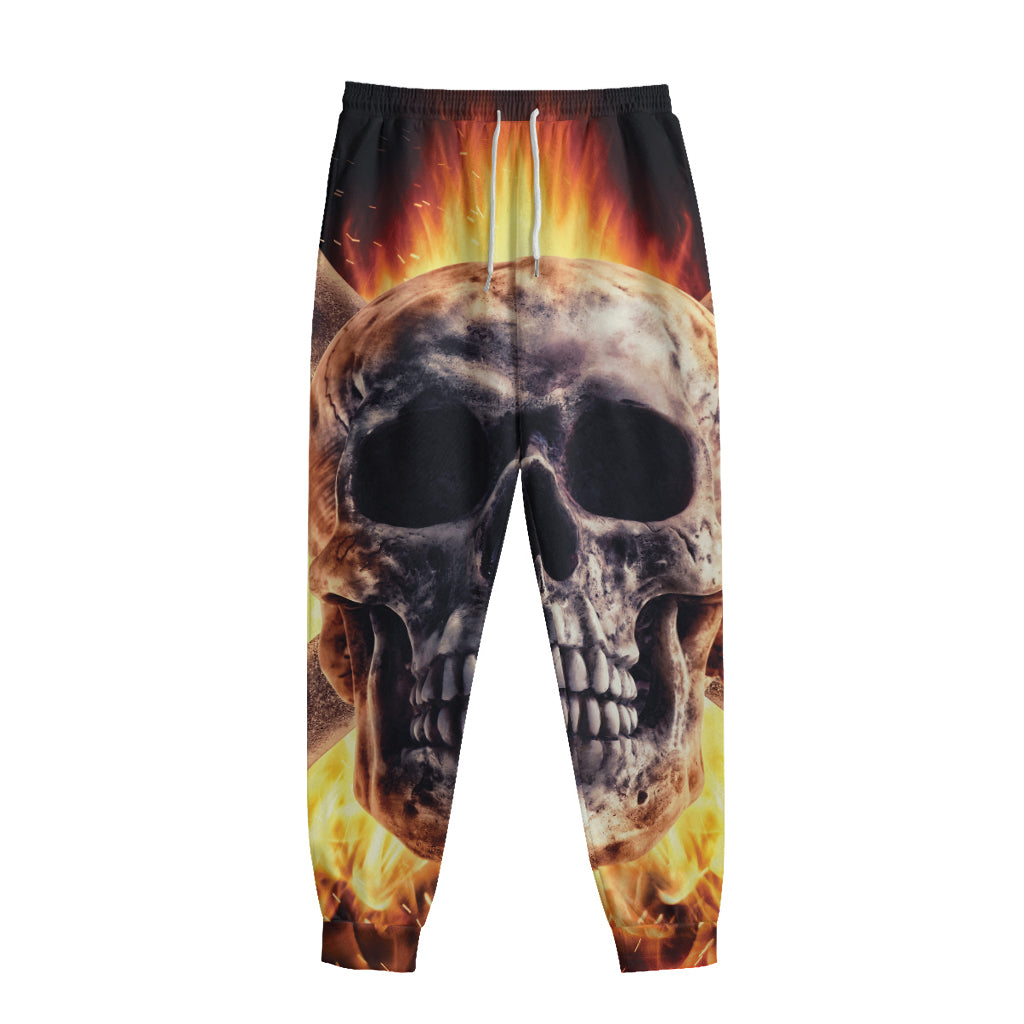 Flaming Skull And Cross Wrench Print Sweatpants