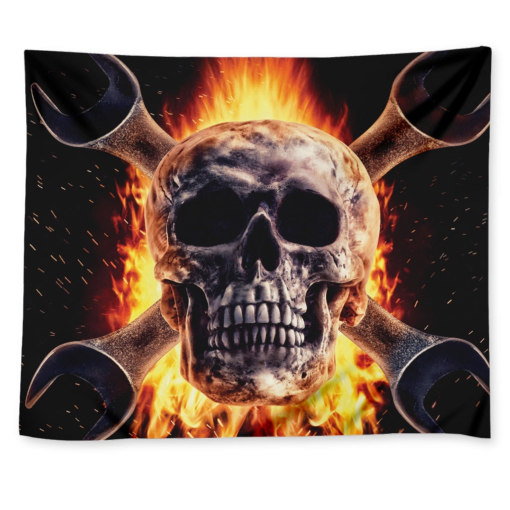 Flaming Skull And Cross Wrench Print Tapestry