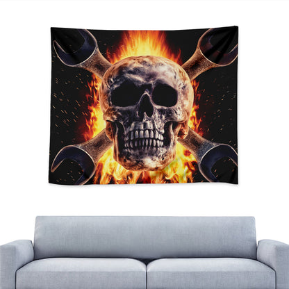 Flaming Skull And Cross Wrench Print Tapestry