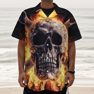 Flaming Skull And Cross Wrench Print Textured Short Sleeve Shirt