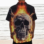 Flaming Skull And Cross Wrench Print Textured Short Sleeve Shirt