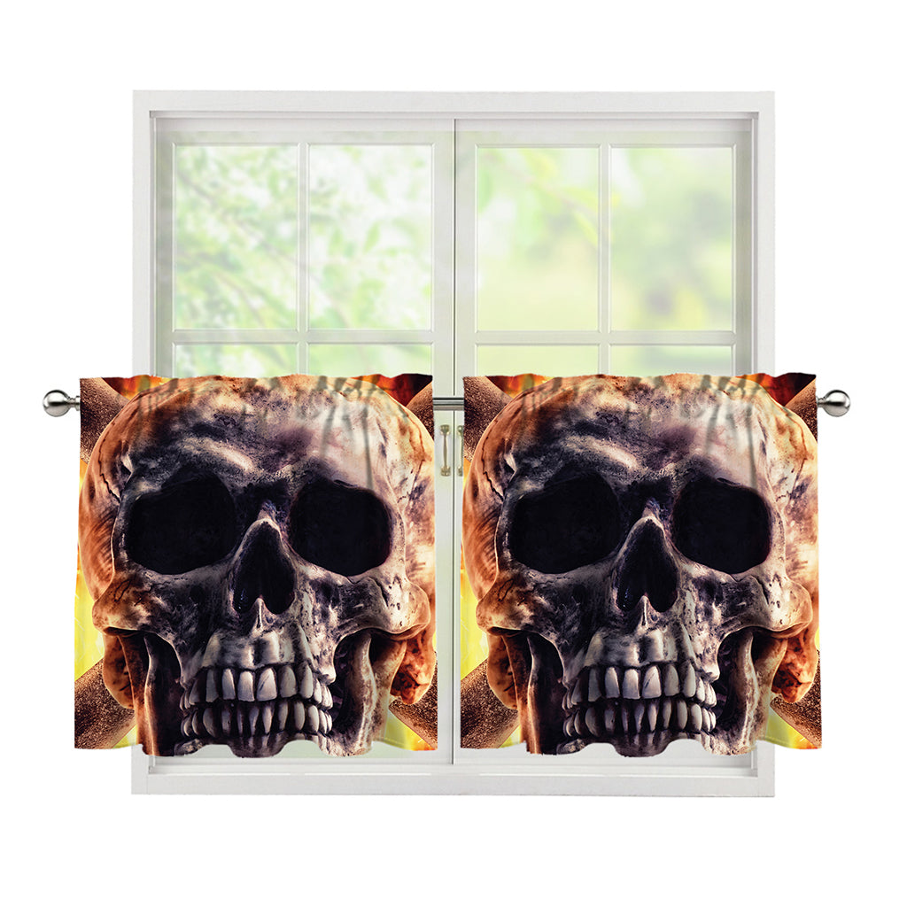 Flaming Skull And Cross Wrench Print Tier Curtains