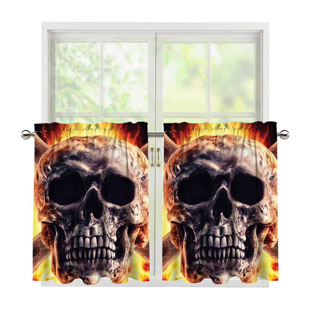 Flaming Skull And Cross Wrench Print Tier Curtains