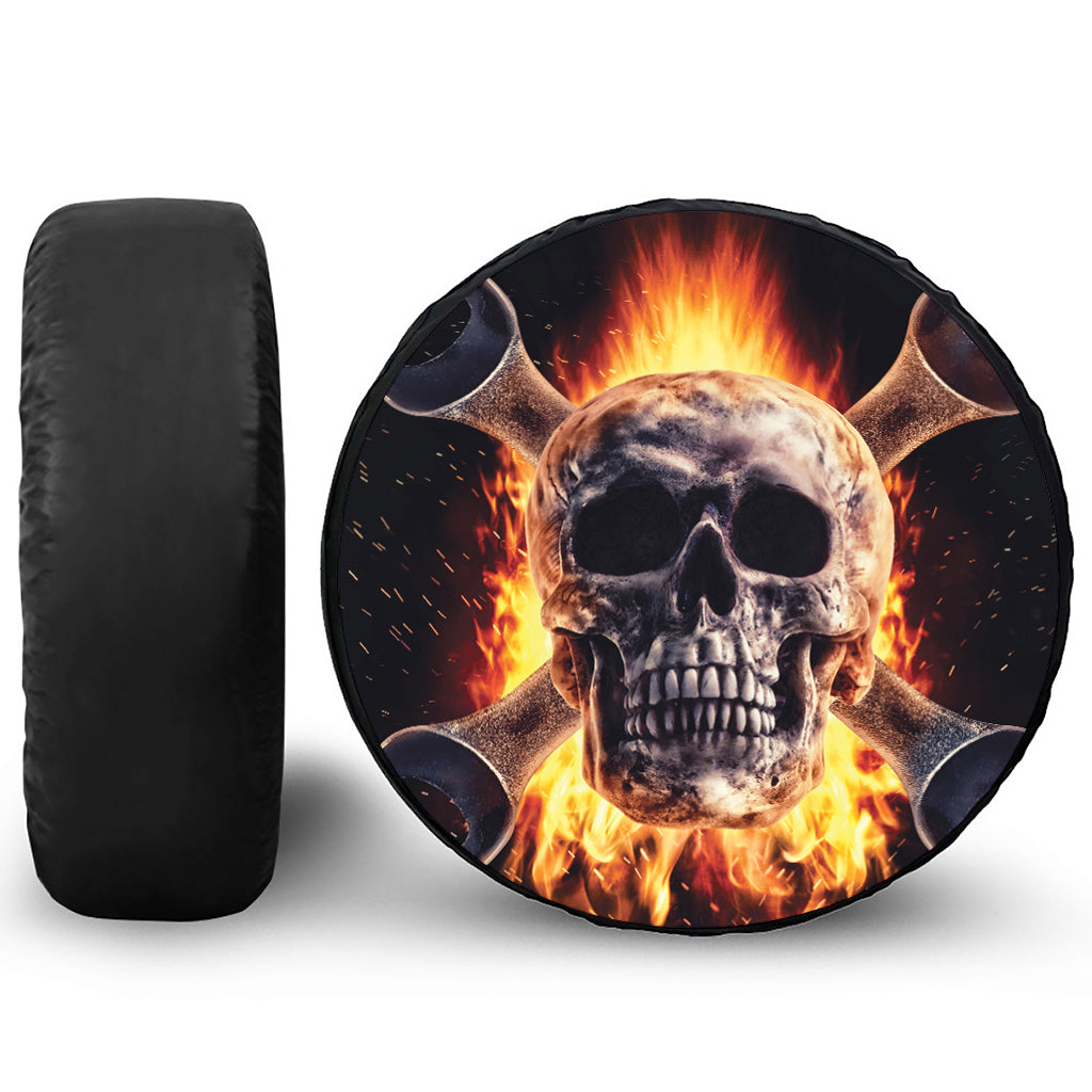 Flaming Skull And Cross Wrench Print Tire Cover