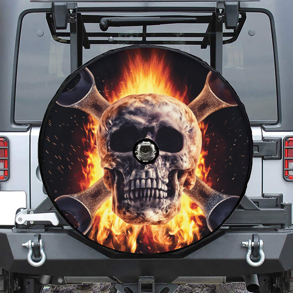 Flaming Skull And Cross Wrench Print Tire Cover With Camera Hole