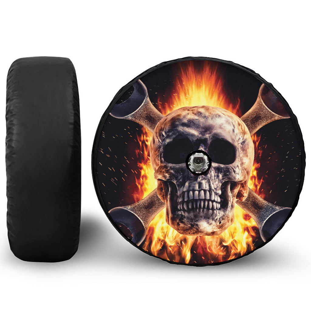 Flaming Skull And Cross Wrench Print Tire Cover With Camera Hole