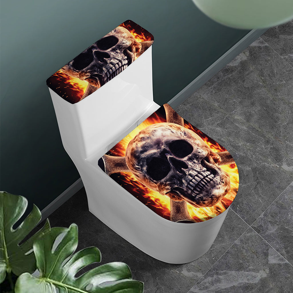 Flaming Skull And Cross Wrench Print Toilet Lid And Tank Cover Set