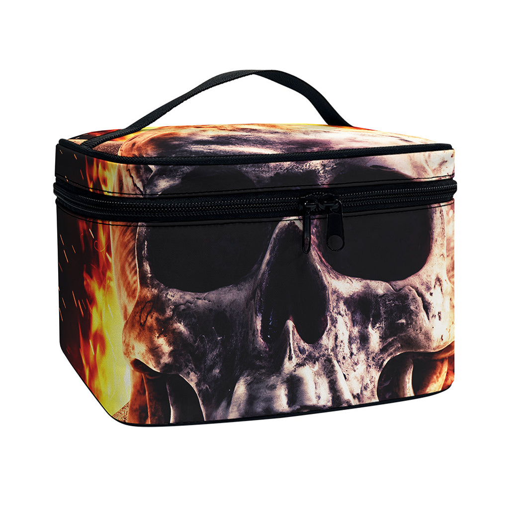 Flaming Skull And Cross Wrench Print Travel Makeup Bag