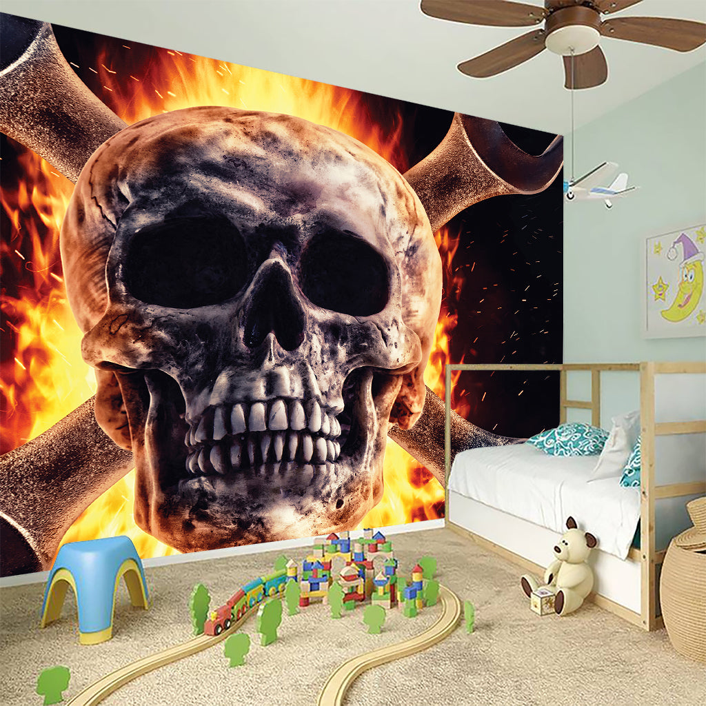 Flaming Skull And Cross Wrench Print Wall Sticker