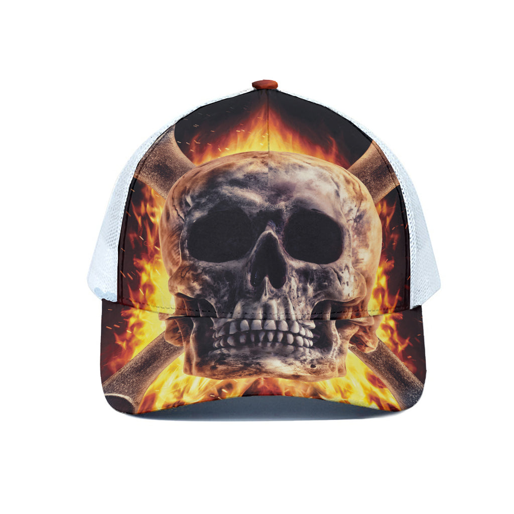 Flaming Skull And Cross Wrench Print White Mesh Trucker Cap