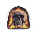 Flaming Skull And Cross Wrench Print White Mesh Trucker Hat