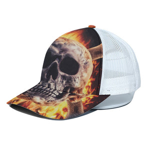 Flaming Skull And Cross Wrench Print White Mesh Trucker Cap