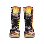 Flaming Skull And Cross Wrench Print Winter Boots