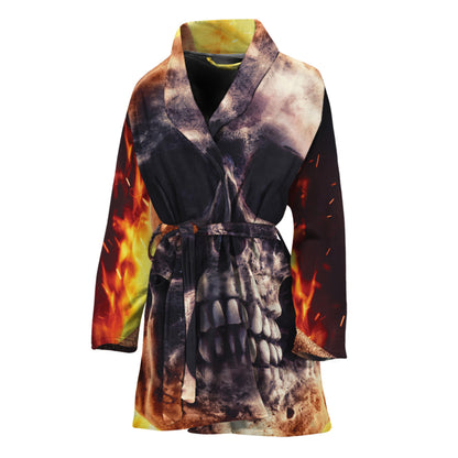 Flaming Skull And Cross Wrench Print Women's Bathrobe
