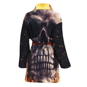 Flaming Skull And Cross Wrench Print Women's Bathrobe