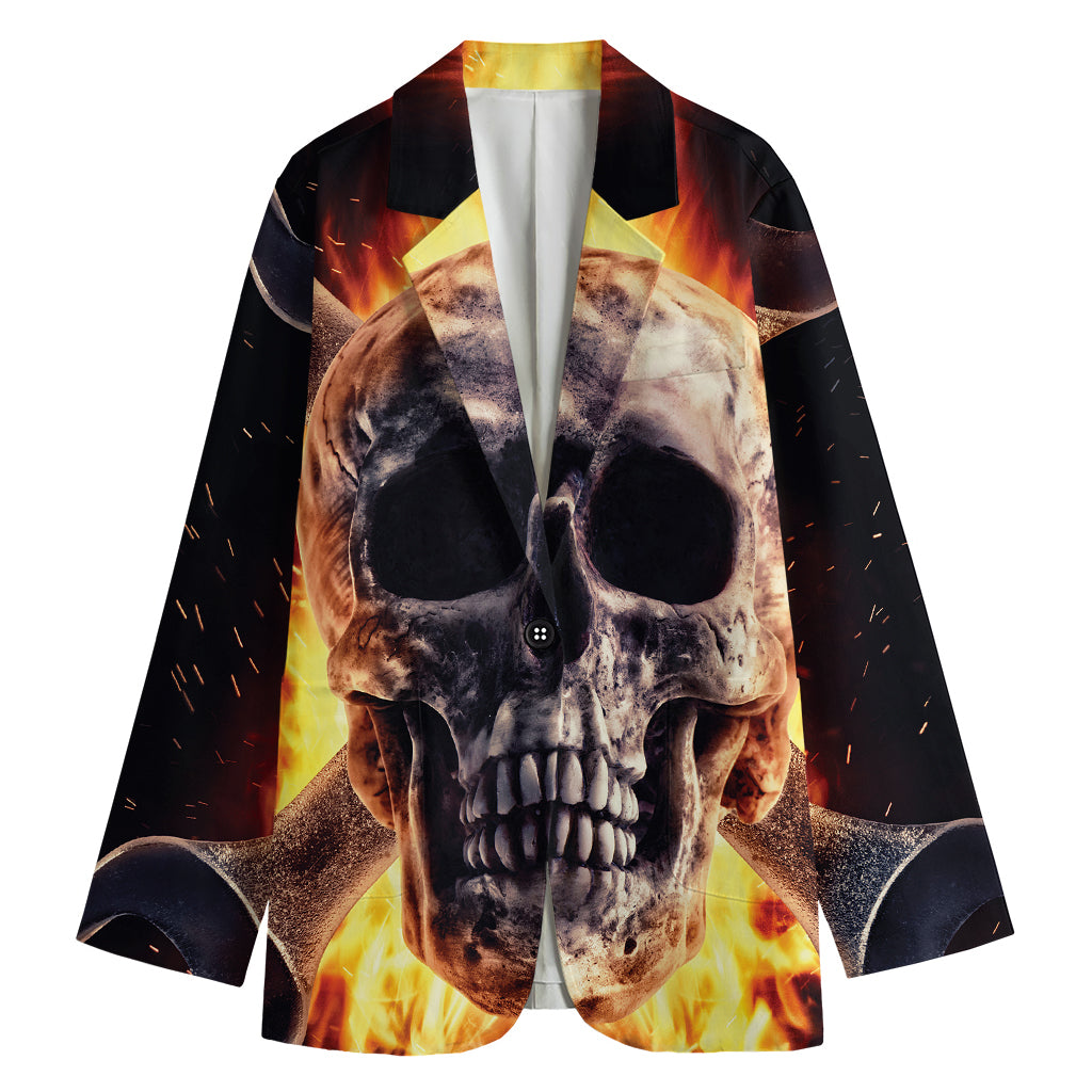 Flaming Skull And Cross Wrench Print Women's Blazer