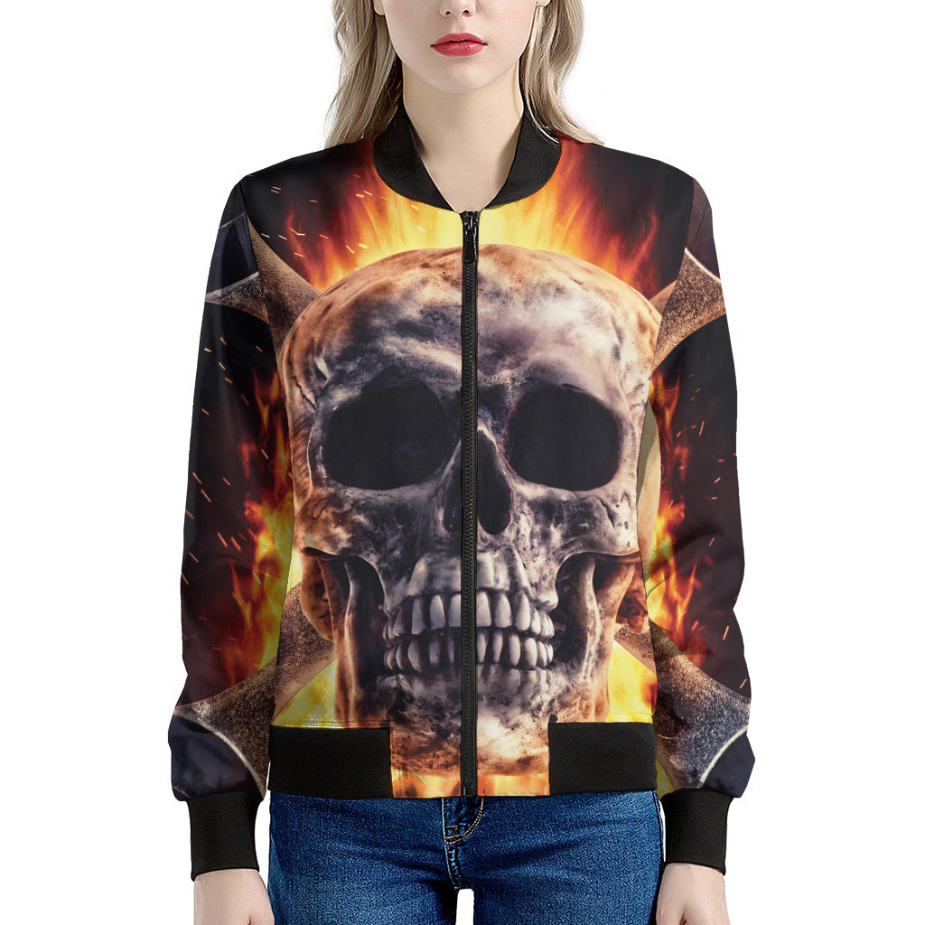 Flaming Skull And Cross Wrench Print Women's Bomber Jacket