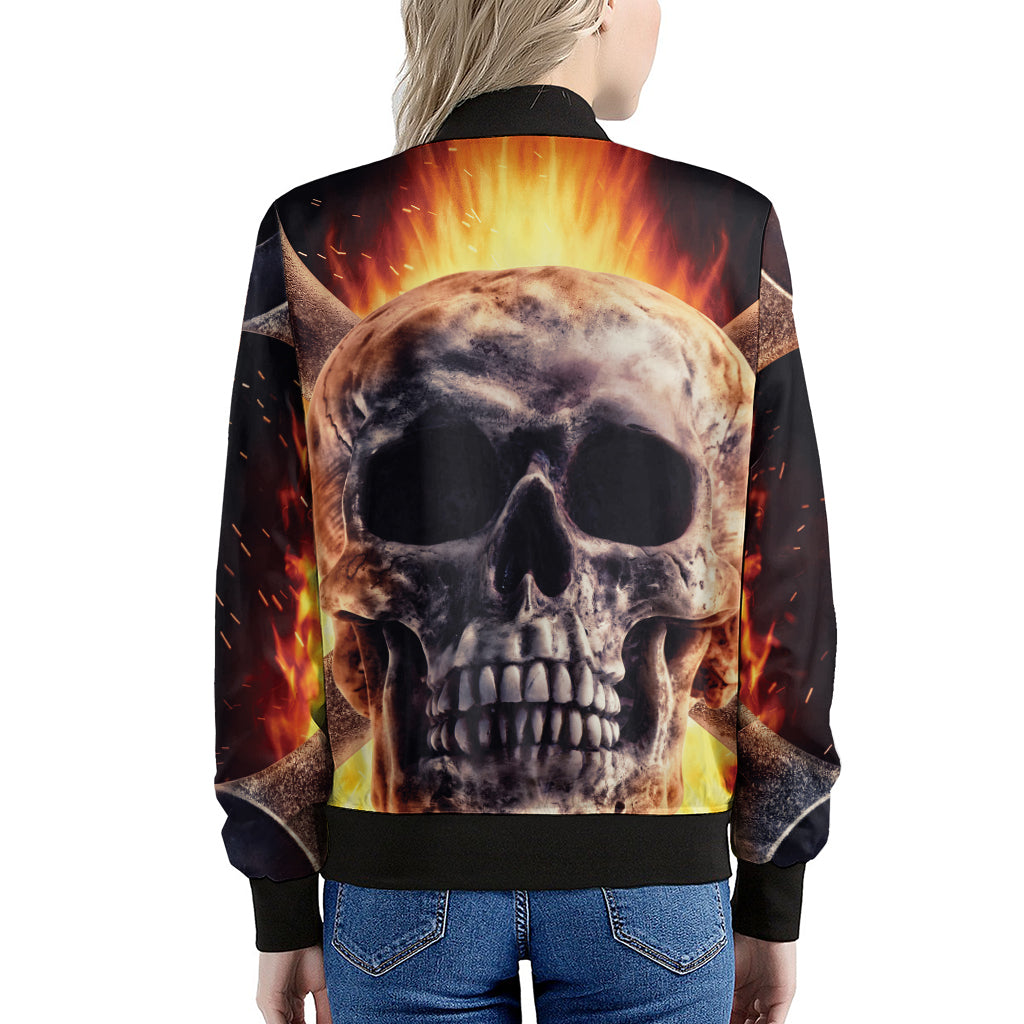 Flaming Skull And Cross Wrench Print Women's Bomber Jacket