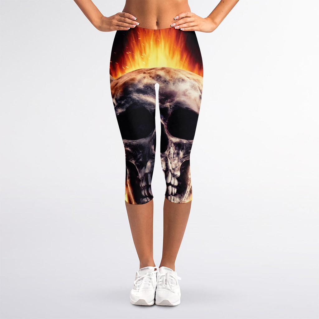 Flaming Skull And Cross Wrench Print Women's Capri Leggings