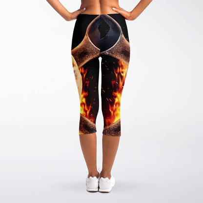 Flaming Skull And Cross Wrench Print Women's Capri Leggings