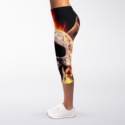Flaming Skull And Cross Wrench Print Women's Capri Leggings