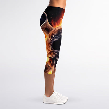 Flaming Skull And Cross Wrench Print Women's Capri Leggings