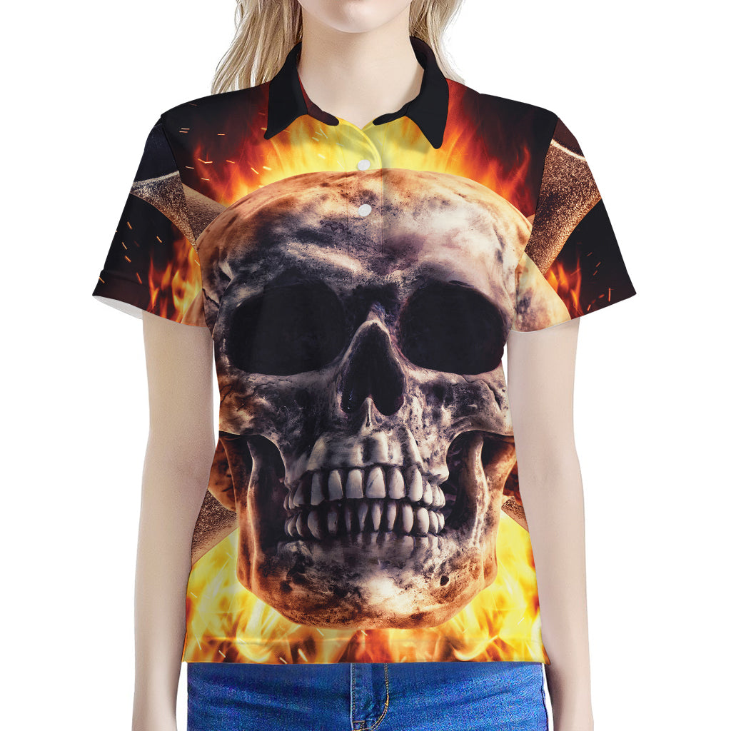 Flaming Skull And Cross Wrench Print Women's Polo Shirt