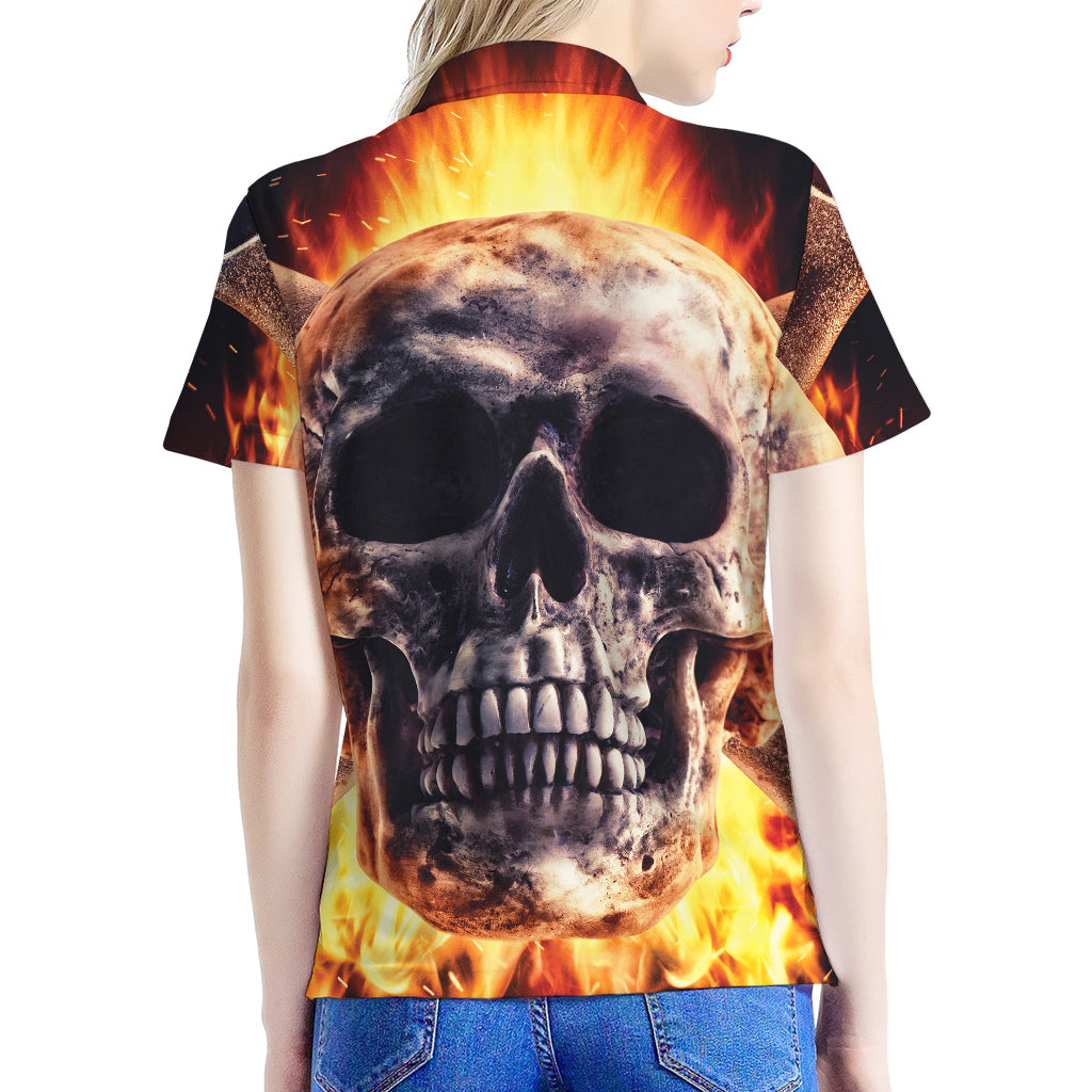 Flaming Skull And Cross Wrench Print Women's Polo Shirt