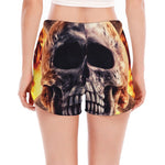 Flaming Skull And Cross Wrench Print Women's Split Running Shorts