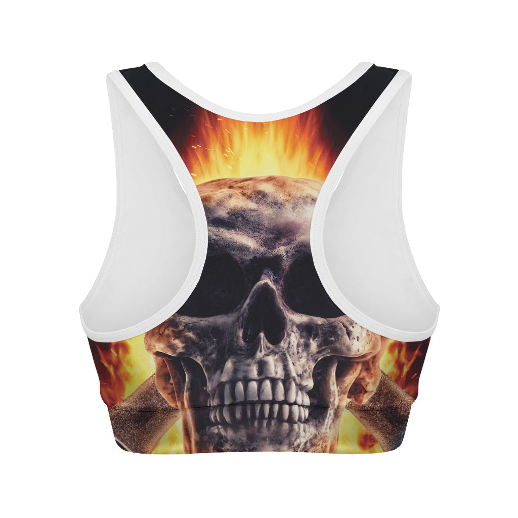 Flaming Skull And Cross Wrench Print Women's Sports Bra