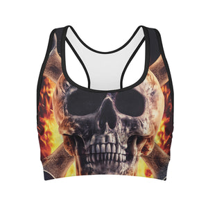 Flaming Skull And Cross Wrench Print Women's Sports Bra