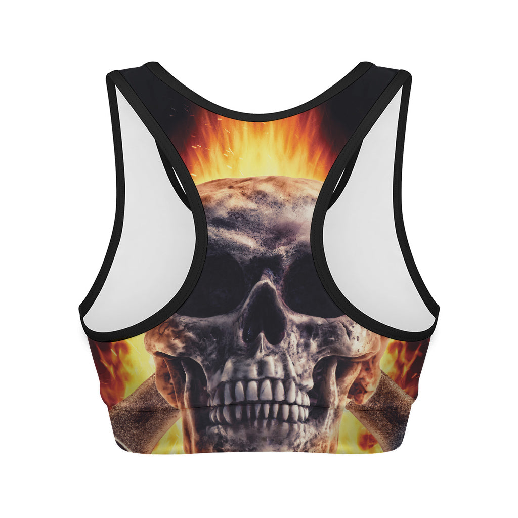 Flaming Skull And Cross Wrench Print Women's Sports Bra