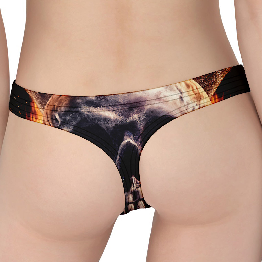 Flaming Skull And Cross Wrench Print Women's Thong