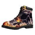 Flaming Skull And Cross Wrench Print Padded Collar Lace Up Boots