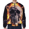 Flaming Skull And Cross Wrench Print Zip Sleeve Bomber Jacket